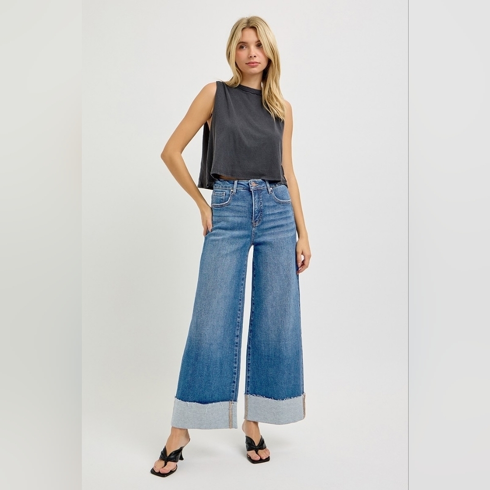Risen HR Tummy Control Medium Wash Wide Leg Cuffed Denim Jeans Various NEW - Picture 2 of 7